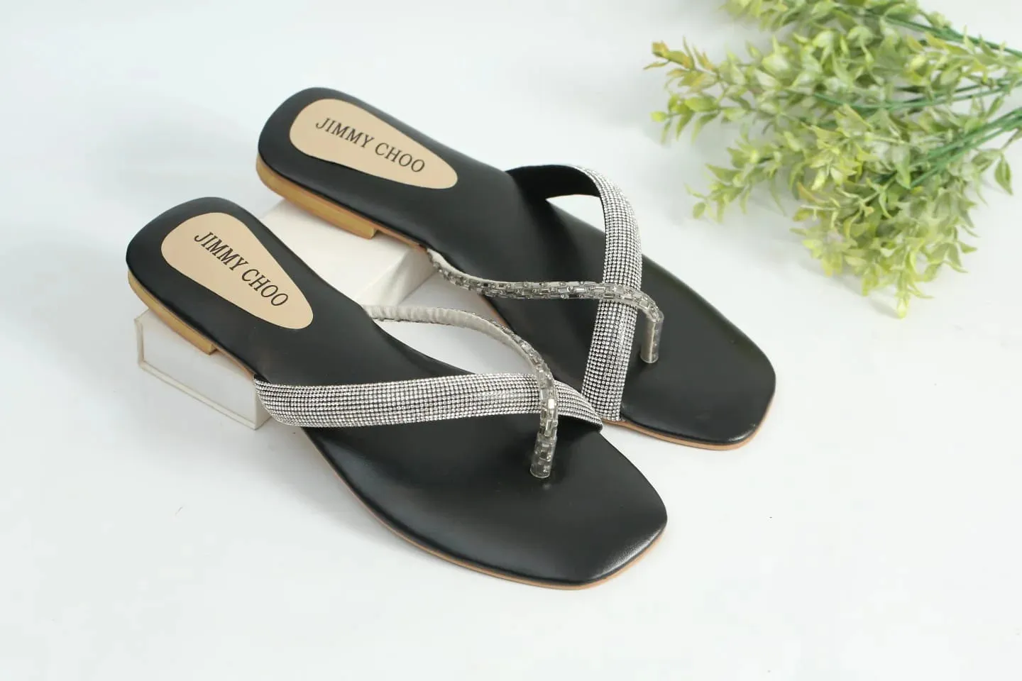 RHINESTONE STRAP SOFT LOW HEEL SANDAL - BLACK