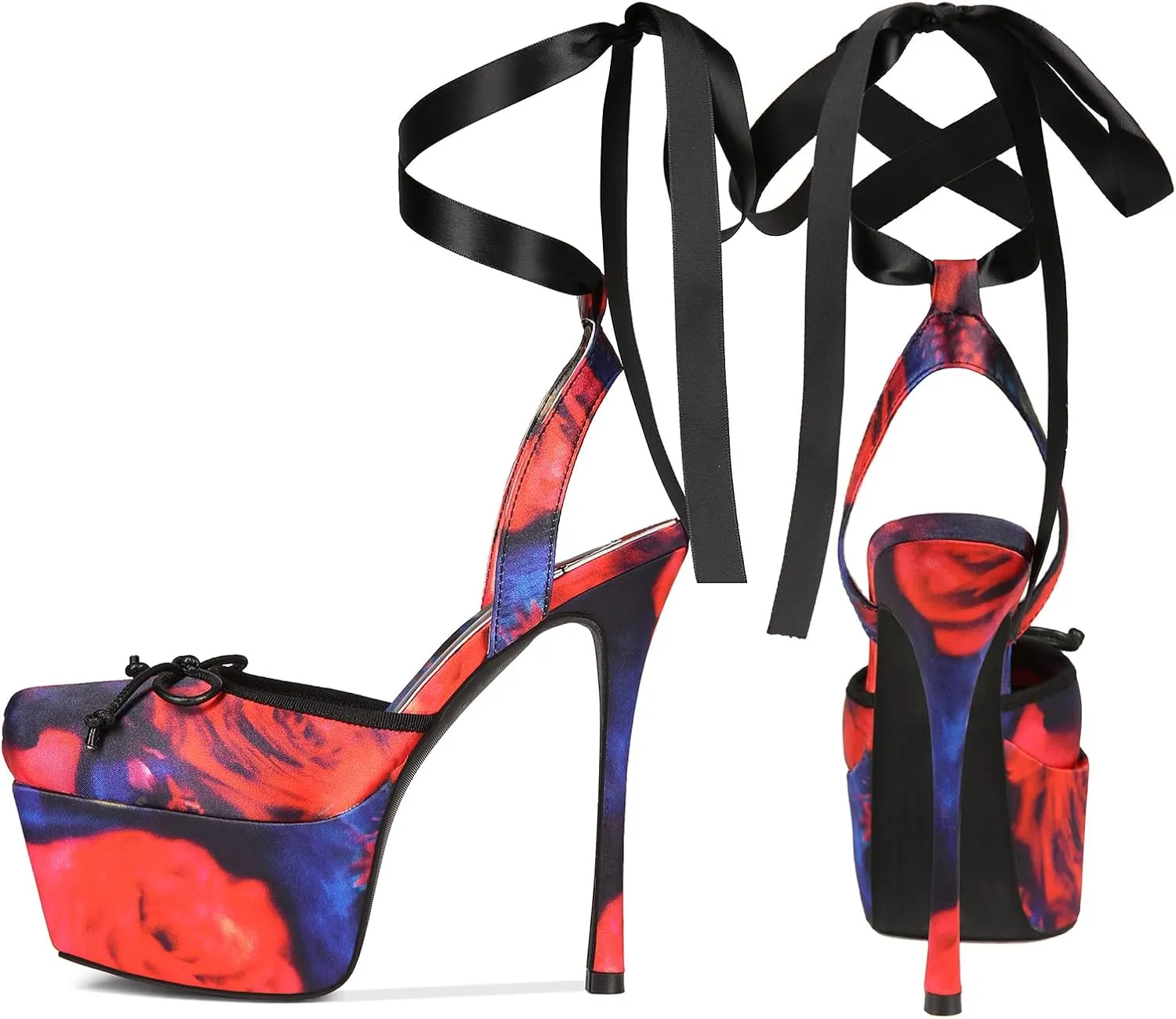 Saint Leia Women's Platform High Heels Square Closed Toe Bow Heels Lace Up Summer Elegant Sandals