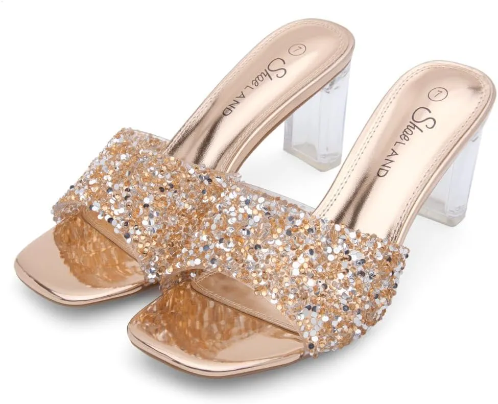 Shoe Land Clear Heels for Women  3 Inch Chunky Heeled Mules, Transparent Slip-On Square Toe Slides | Dressy Clear Sandals for Wedding, Party & Casual Wear
