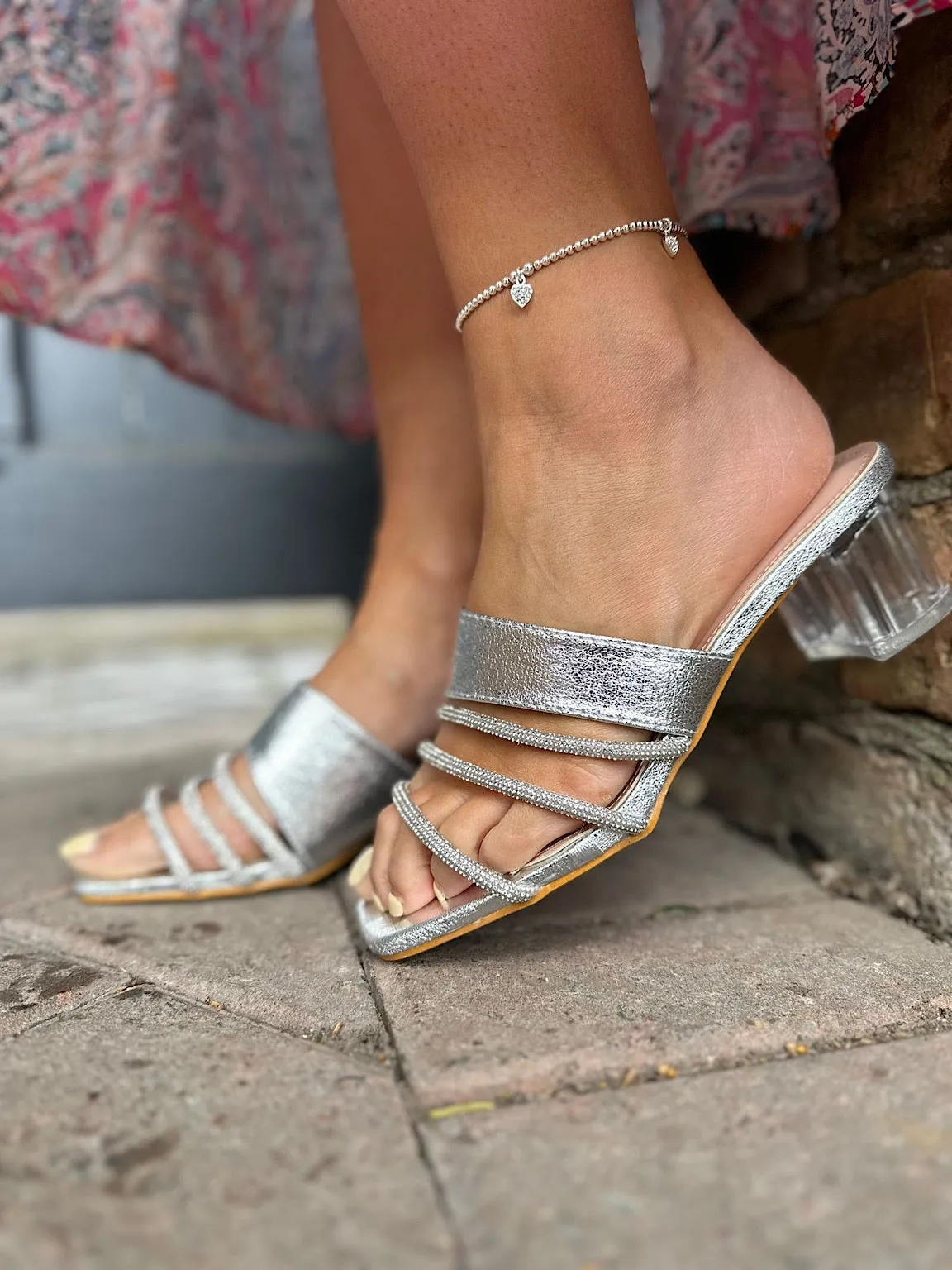 Silver Diamante Multi Strap Heels