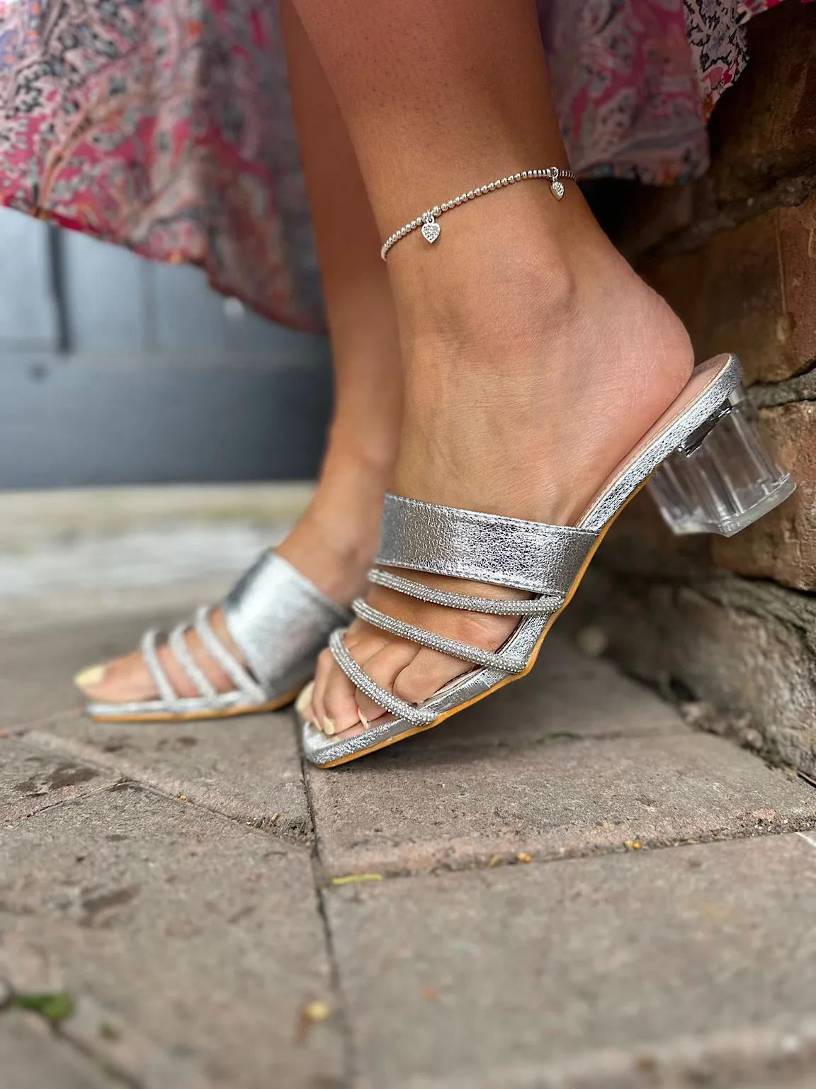 Silver Diamante Multi Strap Heels