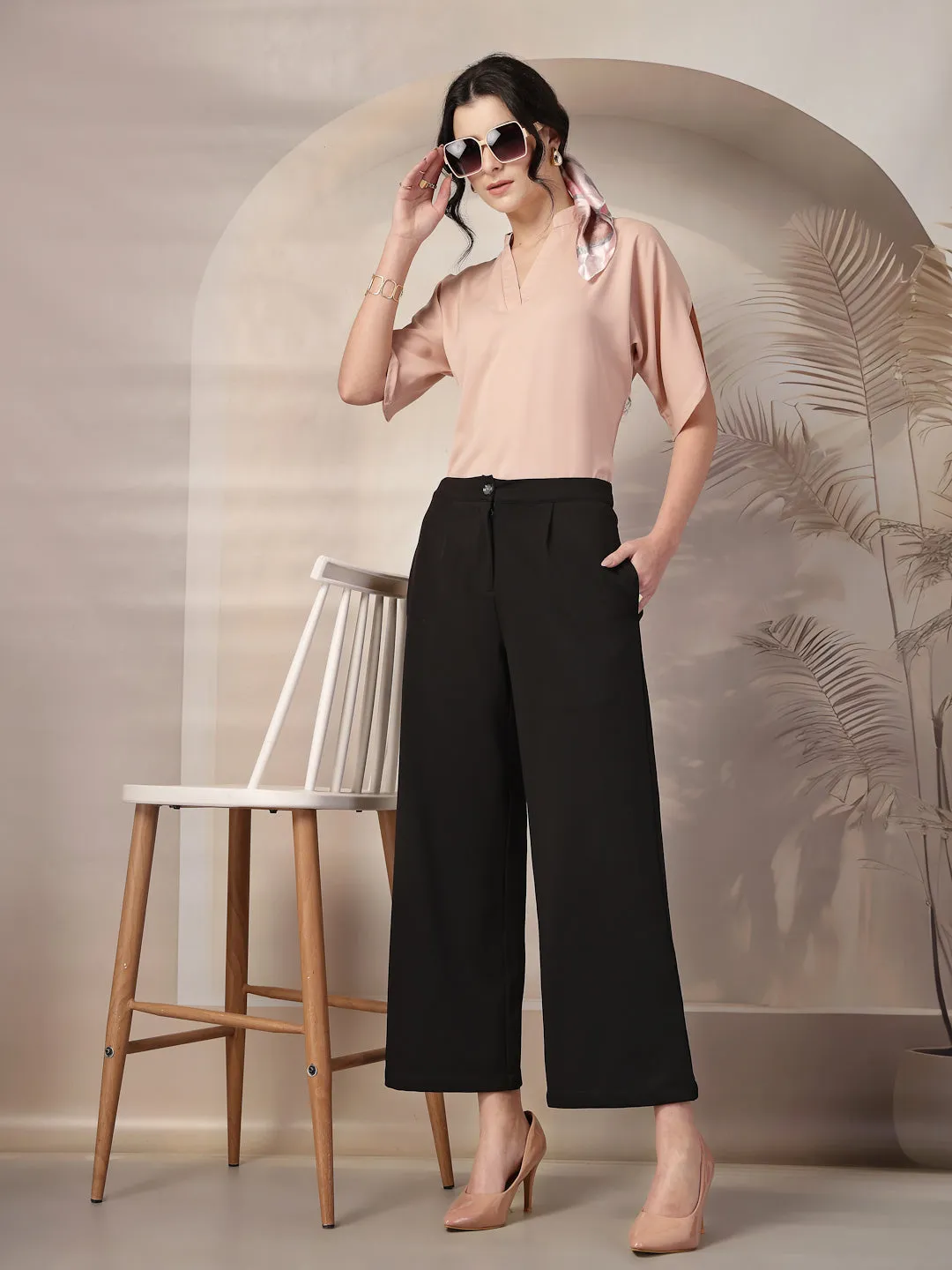 Style Quotient Women Solid Nude Polymoss Formal Top