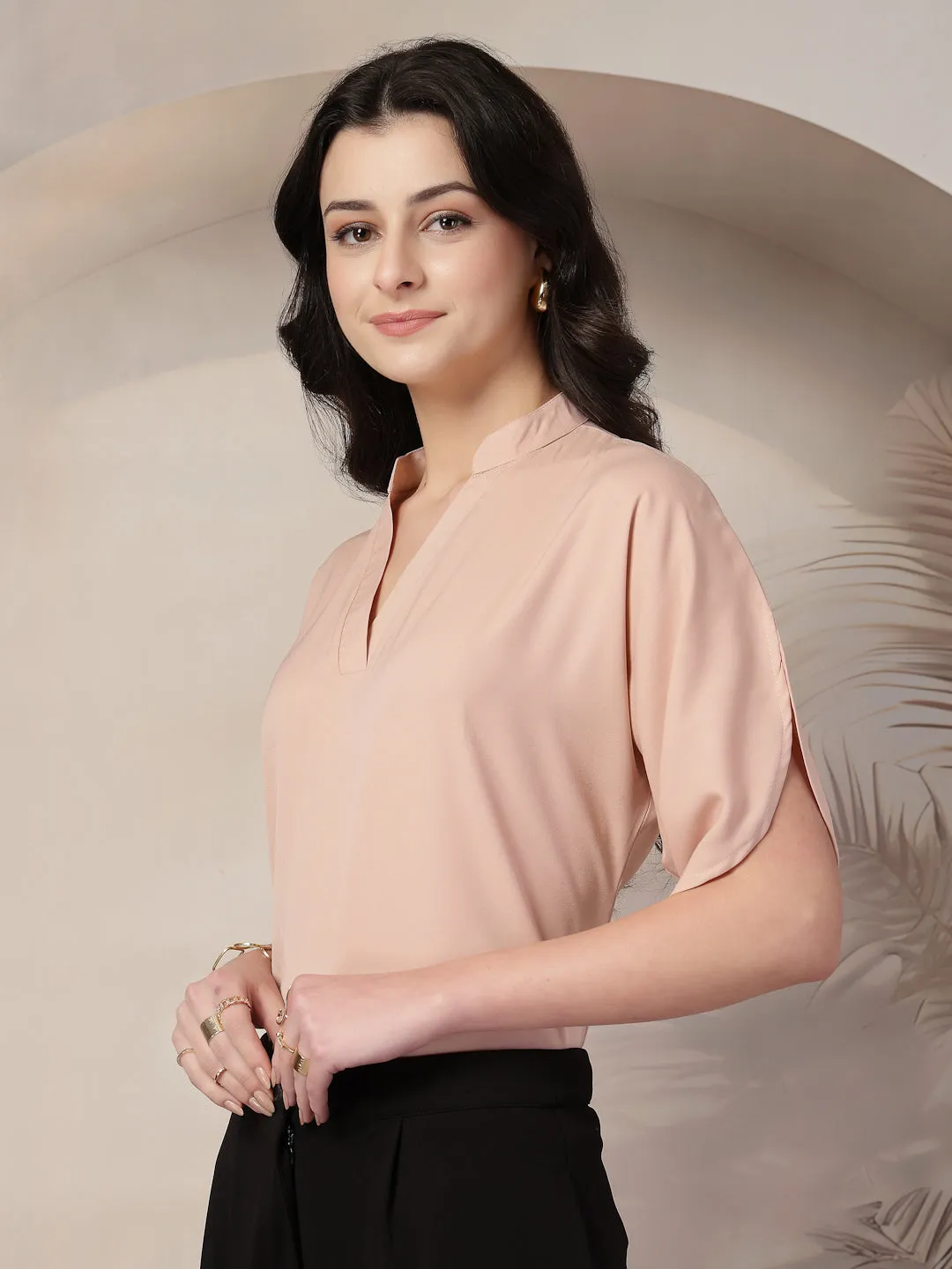 Style Quotient Women Solid Nude Polymoss Formal Top