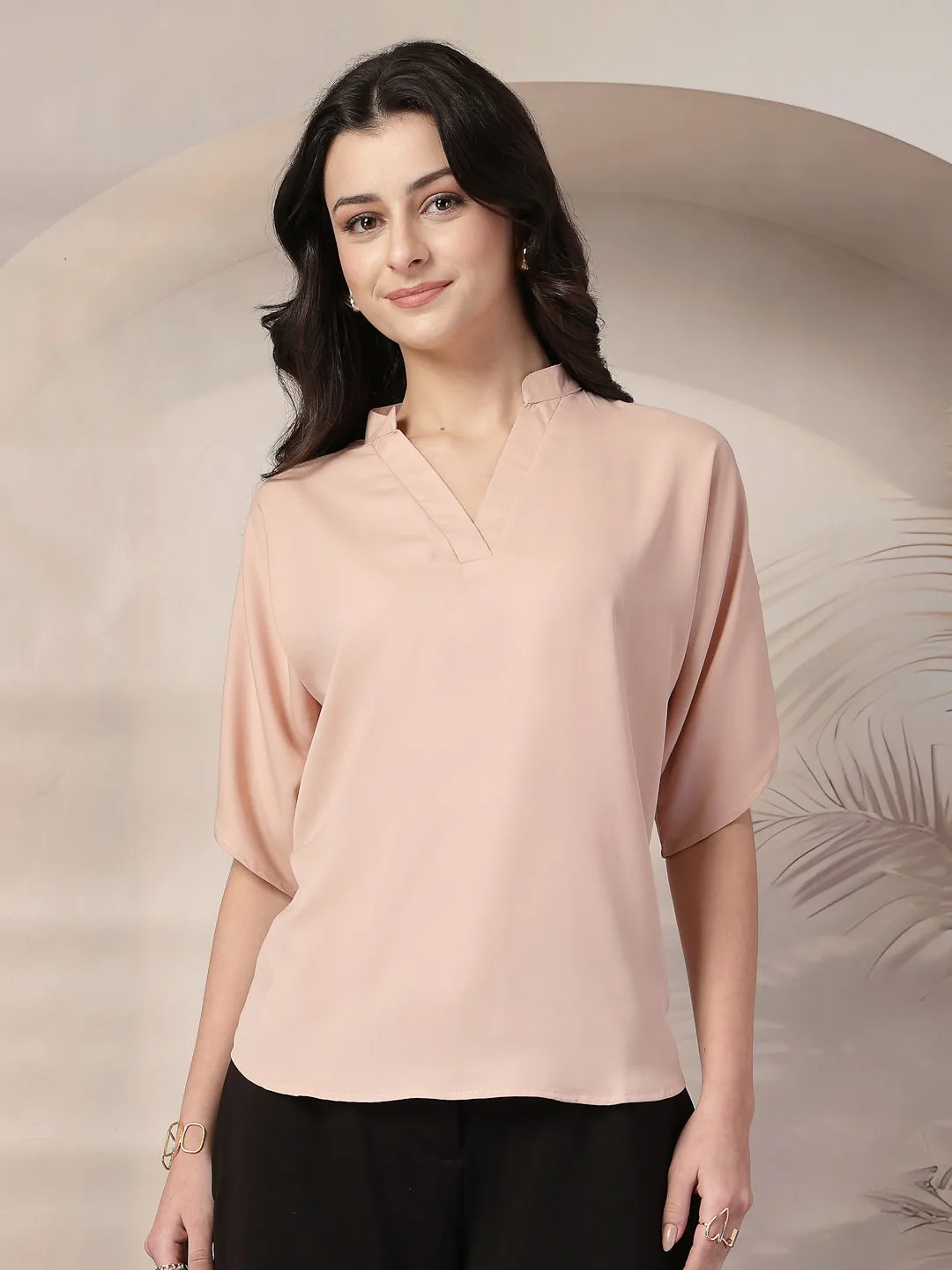 Style Quotient Women Solid Nude Polymoss Formal Top