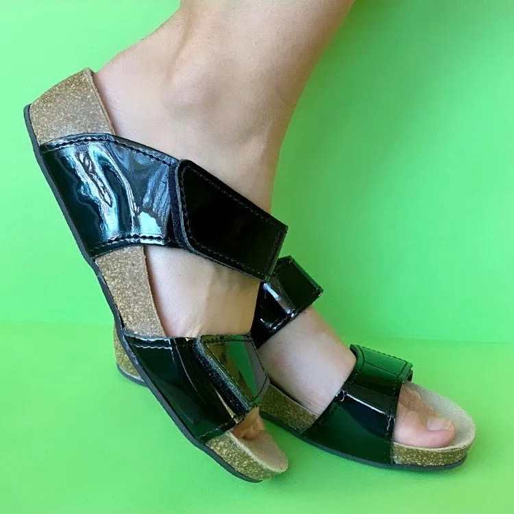 T86: 2 straps glossy black ladies orthotic wedge sandals