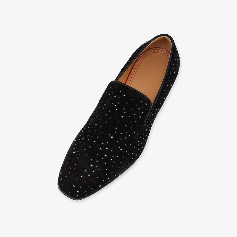 Velvet Black Rihestone Mens Slip On Loafers