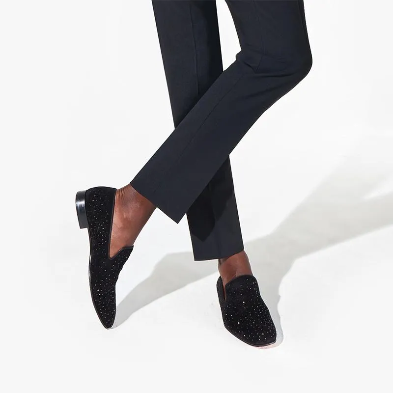 Velvet Black Rihestone Mens Slip On Loafers