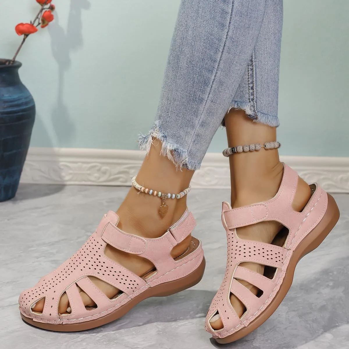 Wedge Orthopedic Sandals for Women Comfortable Closed Toe Summer Sandals Comfortable Hollow Out Sandal with Arch Support