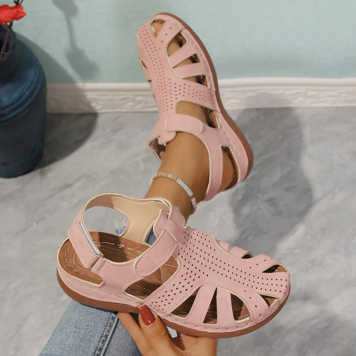 Wedge Orthopedic Sandals for Women Comfortable Closed Toe Summer Sandals Comfortable Hollow Out Sandal with Arch Support
