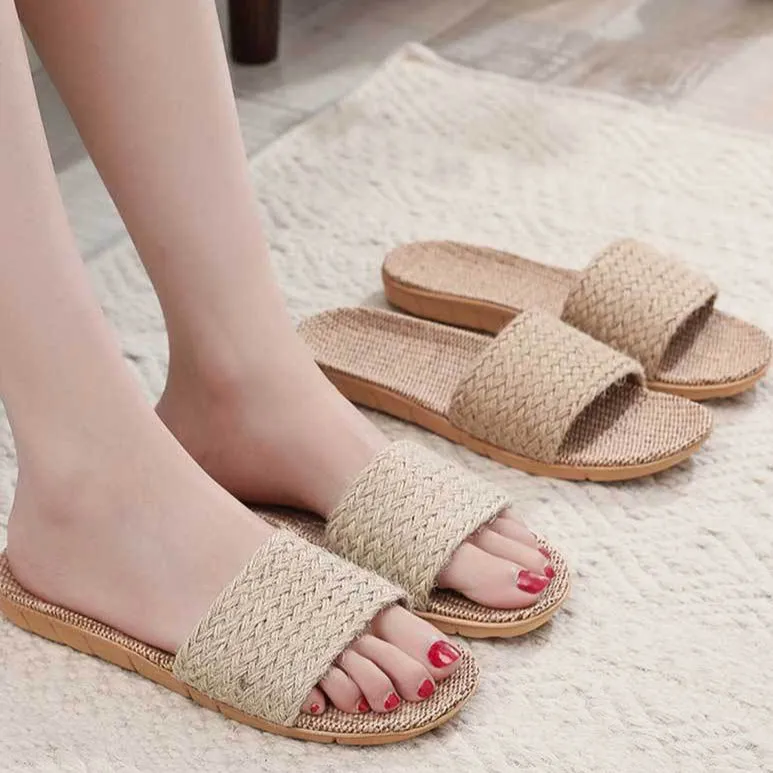 Women's flax summer indoor slippers anti-slip vacation style slides
