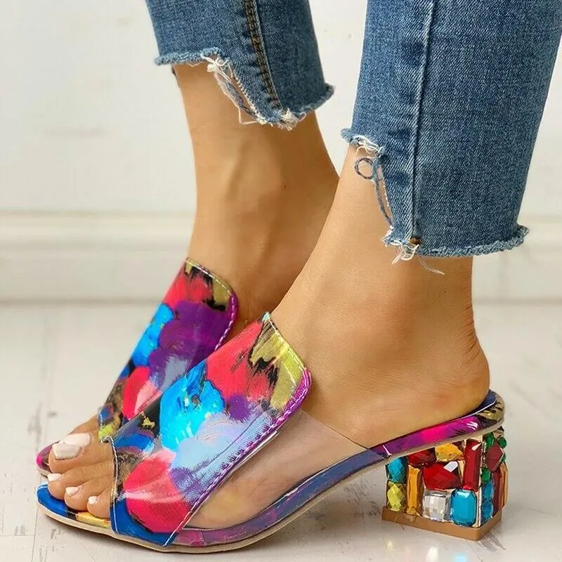 Women's peep toe clear mules sandals chunky heel arch support slide sandals