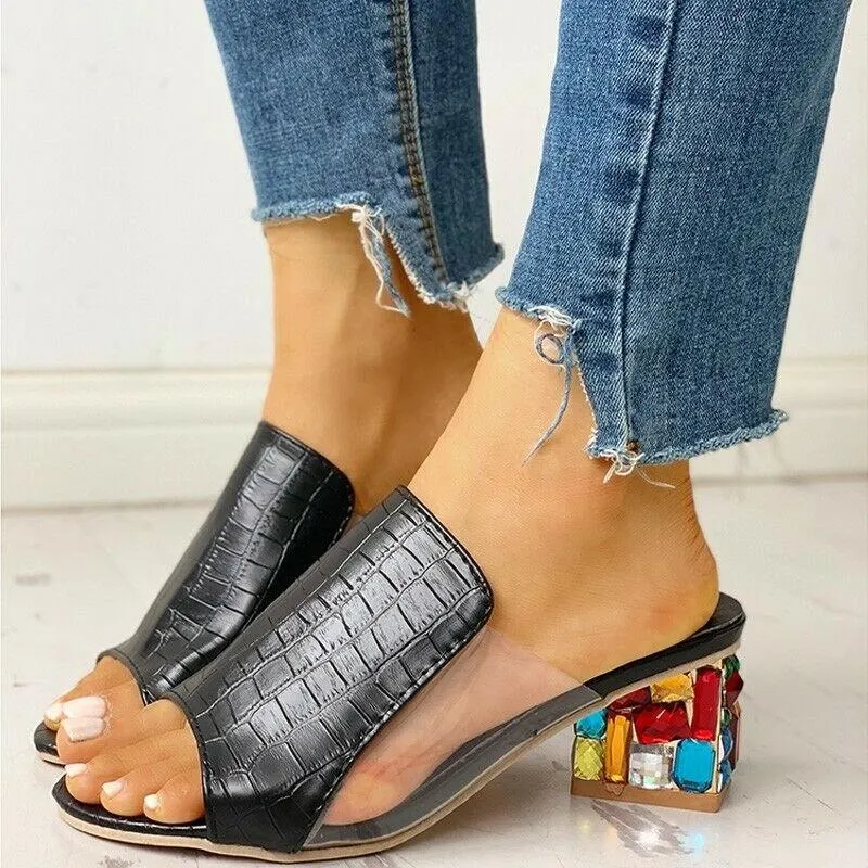 Women's peep toe clear mules sandals chunky heel arch support slide sandals