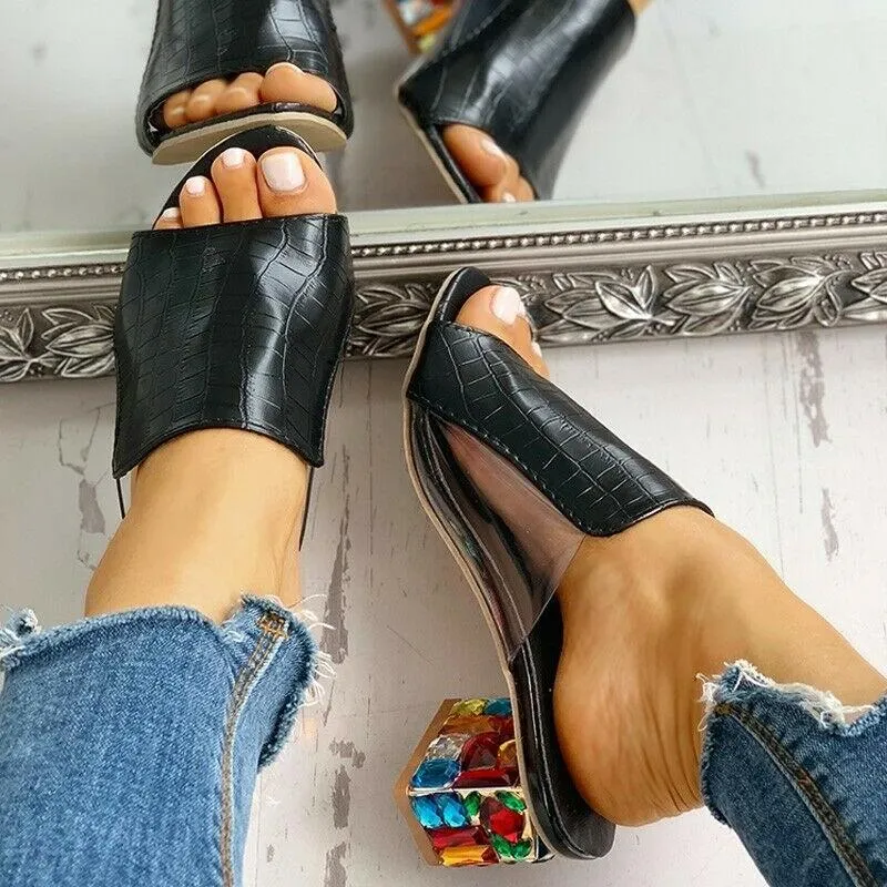 Women's peep toe clear mules sandals chunky heel arch support slide sandals